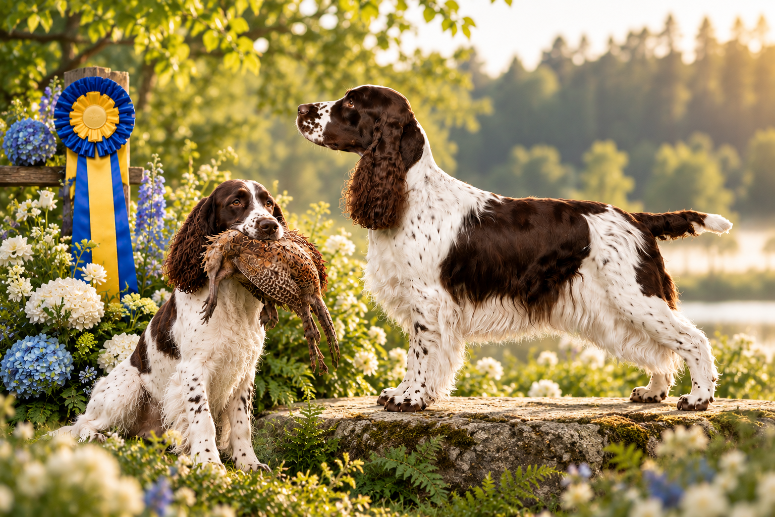 Två engelska springer spaniels, en med fasan i munnen och en på en sten, bredvid en rosett